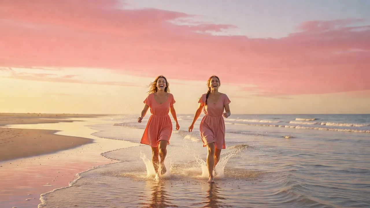 Two best friends running along the shore at golden hour