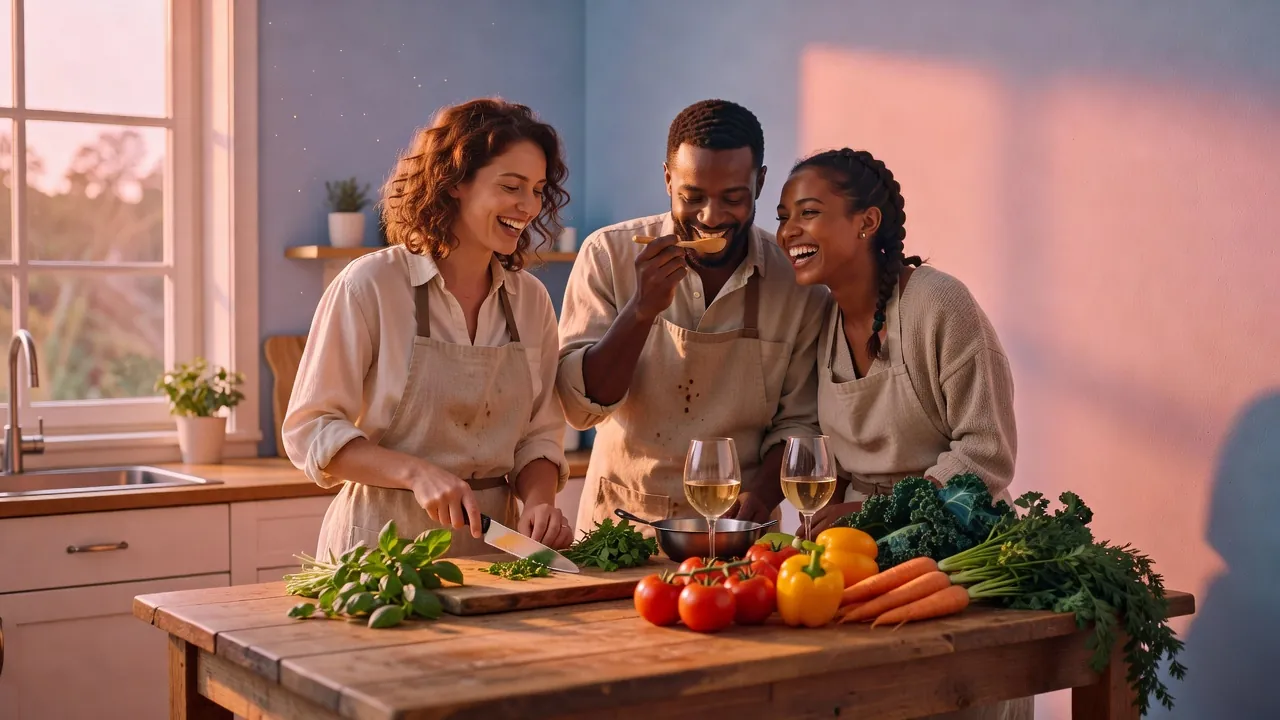 Friends cooking together around a warm kitchen island
