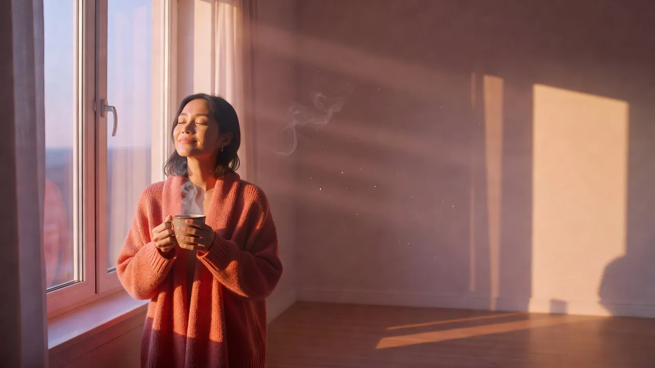A woman with a warm mug by a sunlit window in the early morning light