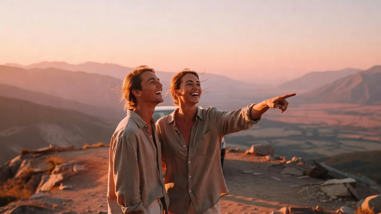 Two friends laughing at a mountain viewpoint on a golden-hour road trip