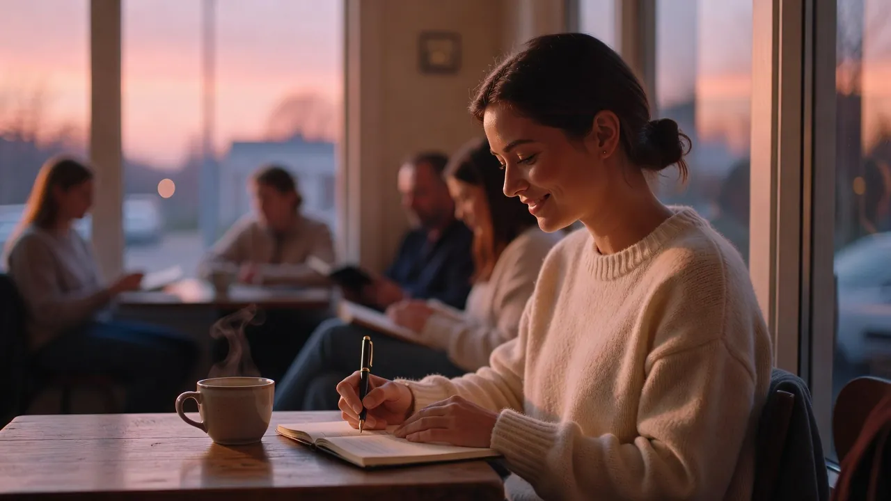 A person absorbed in writing at a sunlit café window seat
